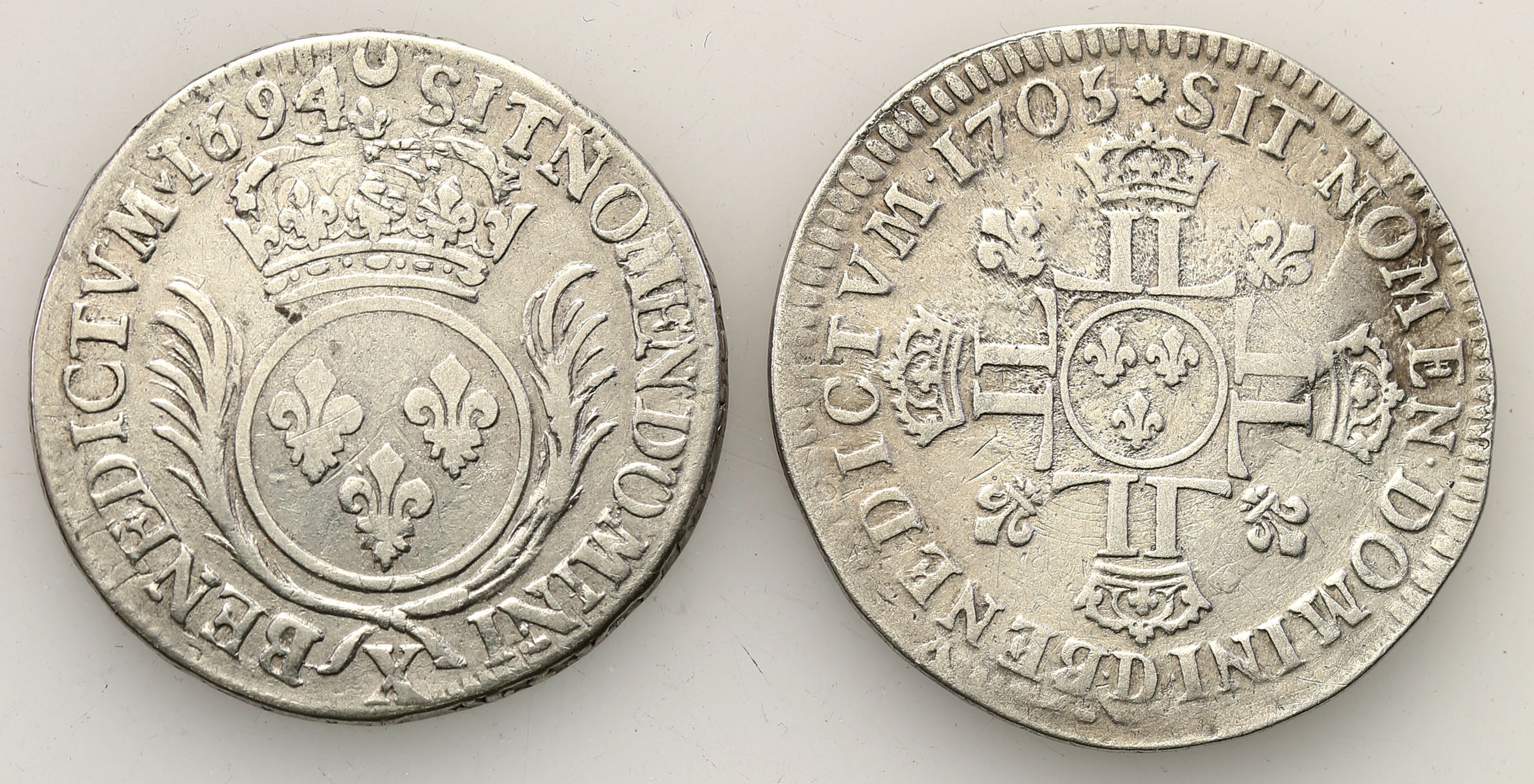 Francja, Ludwik XIV (1643-1715) 1/2 ecu 1694 X, Amiens, 1705, Lyon, zestaw 2 monet